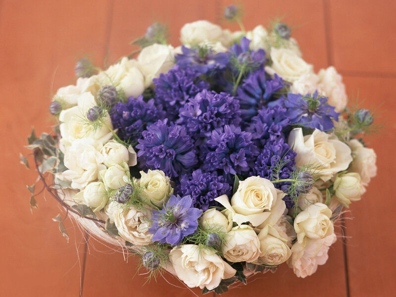Flower Bouquet in Basket — Purple, Calm, Photograph