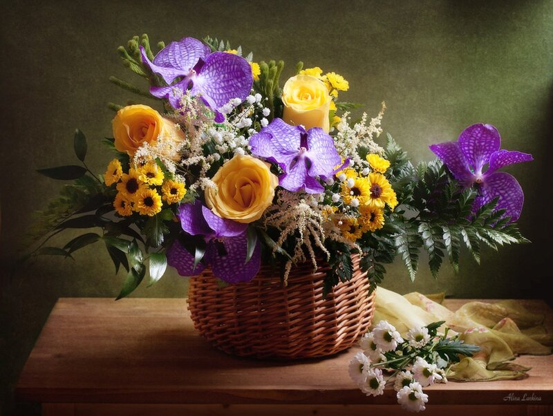 Flower Bouquet in Basket — Purple, Serene, Photograph
