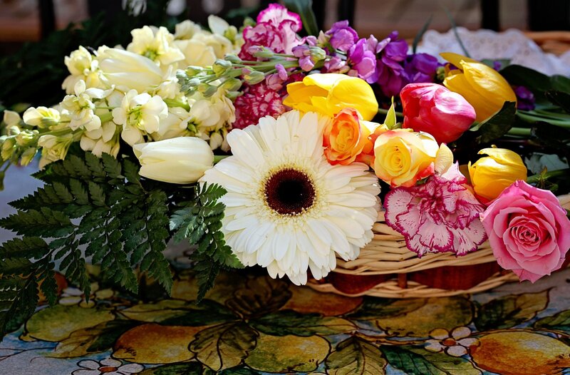 Flower Bouquet in Basket — White, Calm, Afternoon, Photograph