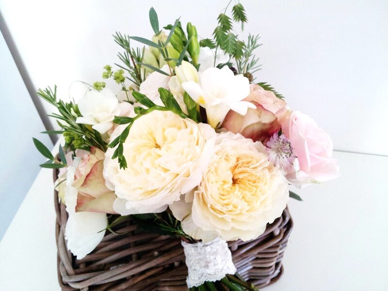Flower Bouquet in Basket — White, Serene, Photograph, Roses