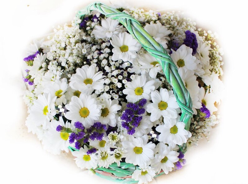 Flower Bouquet in Basket — White, Serene, Spring