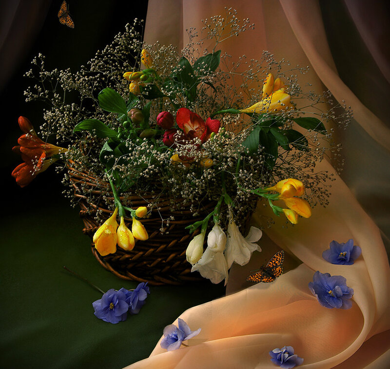 Flower Bouquet in Basket — Yellow, Dramatic, Photograph, Butterflies