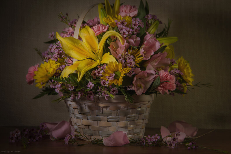 Flower Bouquet in Basket — Yellow, Dramatic, Photograph