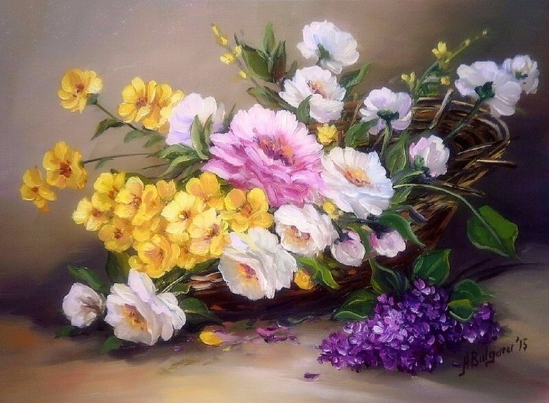 Flower Bouquet in Basket — Yellow, Serene, Painting