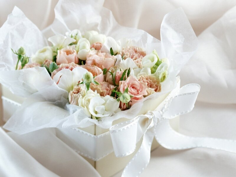 Flower Bouquet in Box — White, Serene, Photograph