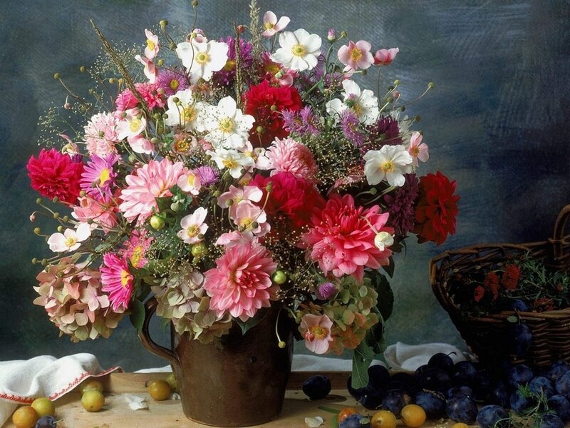 Flower Bouquet in Pitcher — Pink, Calm, Photograph