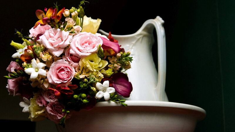 Flower Bouquet in Pitcher — Pink, Dramatic, Photograph, Flowers, Dark Background