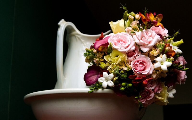 Flower Bouquet in Pitcher — Pink, Dramatic, Photograph, Flowers