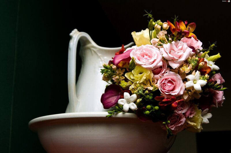 Flower Bouquet in Pitcher — Pink, Dramatic, Photograph