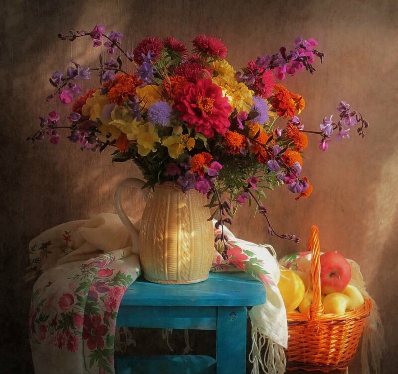 Flower Bouquet in Pitcher — Yellow, Calm, Photograph