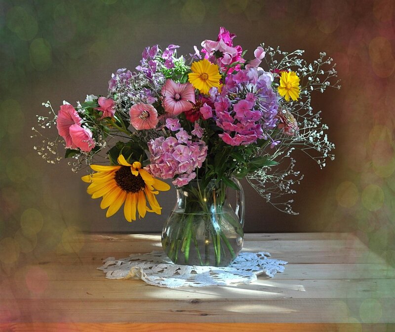 Flower Bouquet in Pitcher — Yellow, Serene, Afternoon
