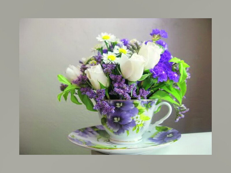 Flower Bouquet in Teacup — Purple