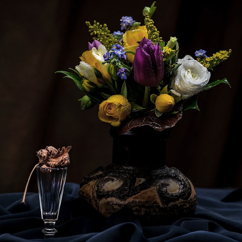 Flower Bouquet in Vase — Black, Dramatic
