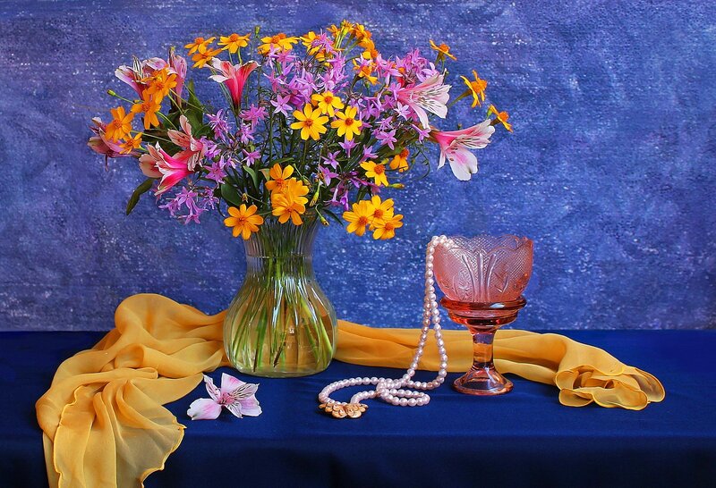 Flower Bouquet in Vase — Blue, Calm, Photograph, Pearl Necklace
