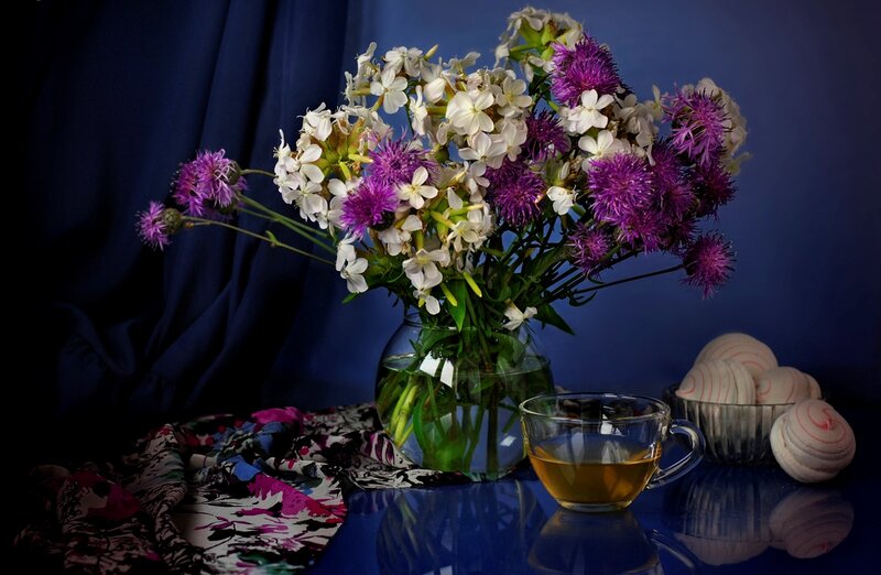 Flower Bouquet in Vase — Blue, Calm, Photograph, Tea Cup