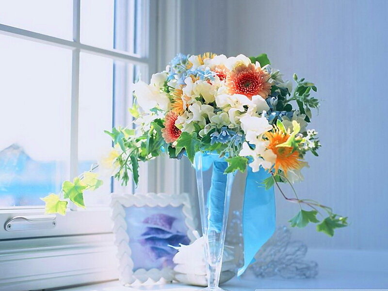 Flower Bouquet in Vase — Blue, Serene, Morning, Photograph