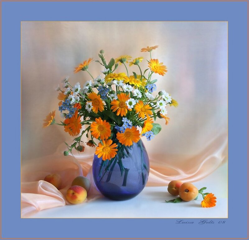 Flower Bouquet in Vase — Blue, Serene, Photograph, Peaches