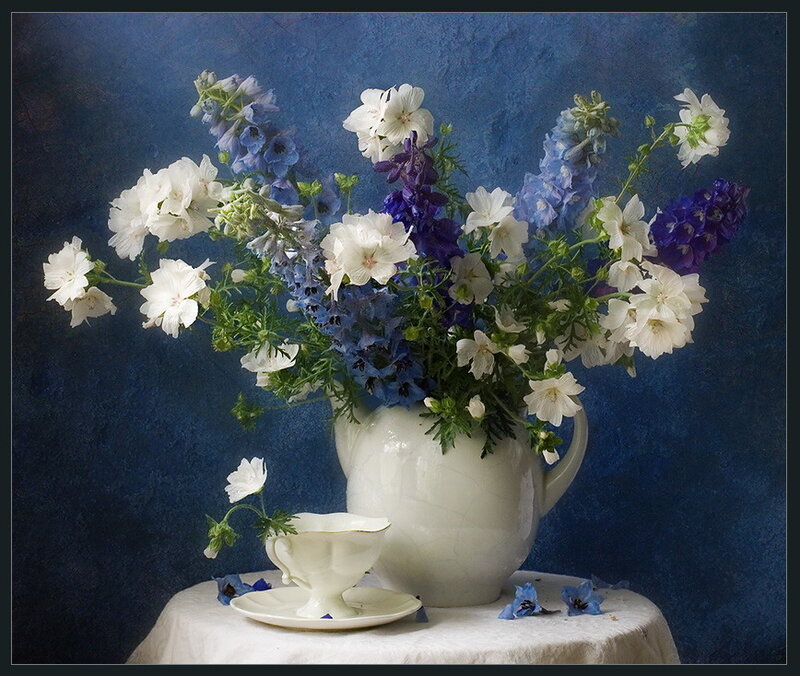 Flower Bouquet in Vase — Blue, Serene, Photograph