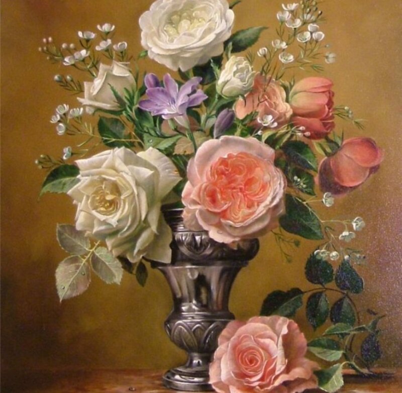 Flower Bouquet in Vase — Brown, Serene, Painting, Roses