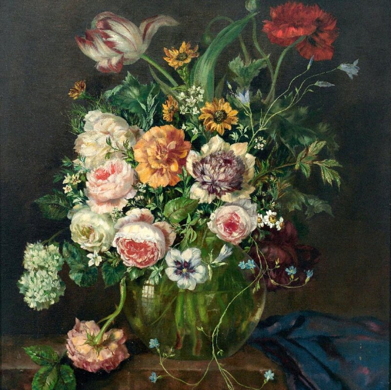 Flower Bouquet in Vase — Green, Dramatic, Painting