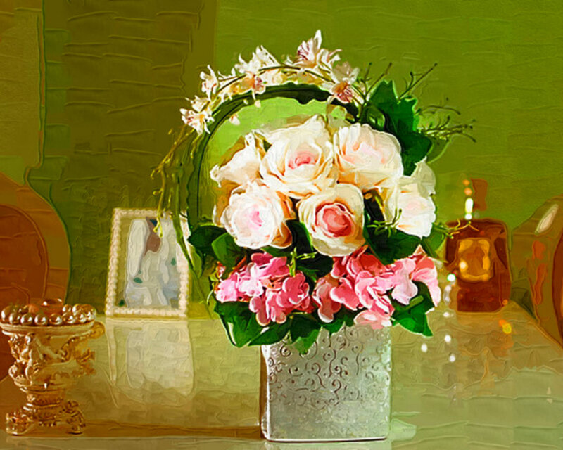 Flower Bouquet in Vase — Green, Serene, Painting