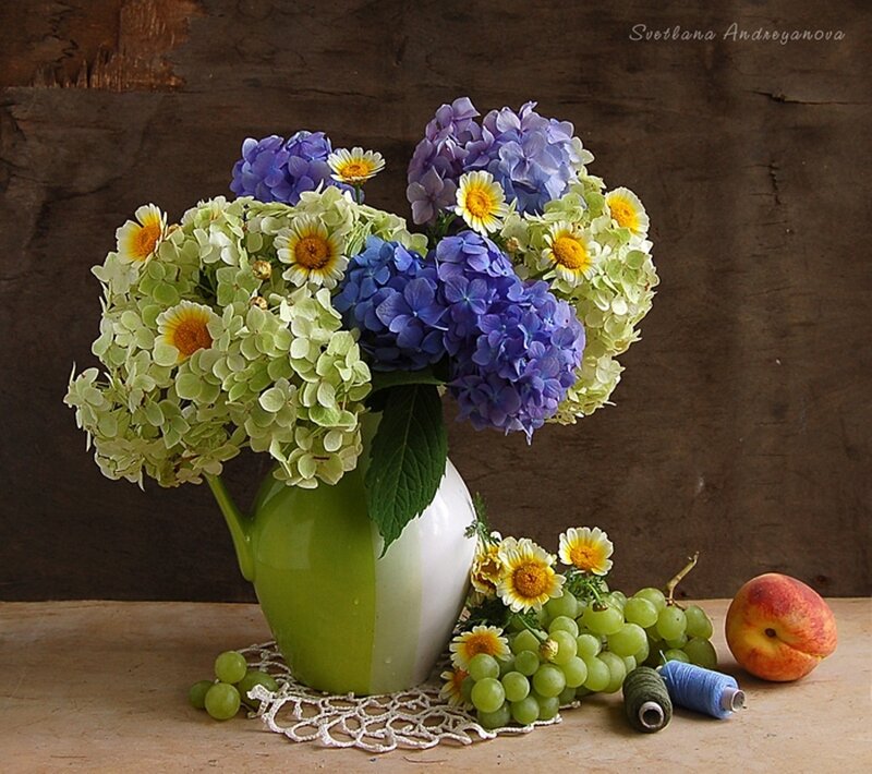 Flower Bouquet in Vase — Green, Serene, Photograph, Grapes