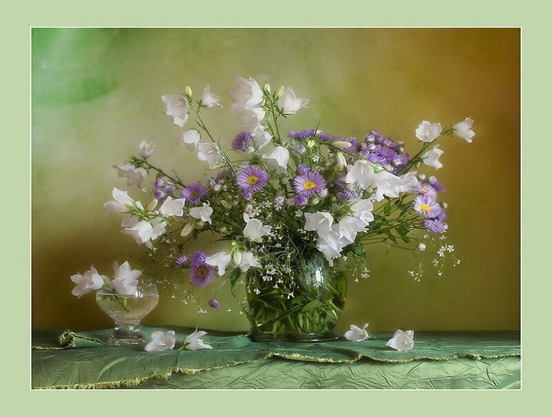 Flower Bouquet in Vase — Green, Serene, Photograph, Tablecloth