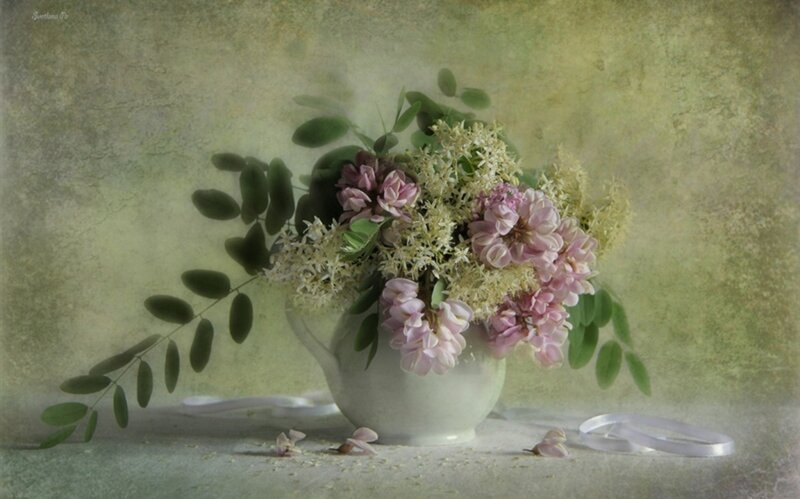 Flower Bouquet in Vase — Green, Serene, Photograph