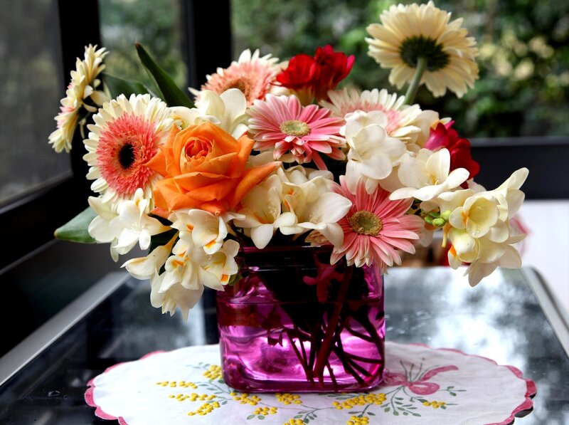 Flower Bouquet in Vase — Pink, Calm, Afternoon, Photograph, Table, Window