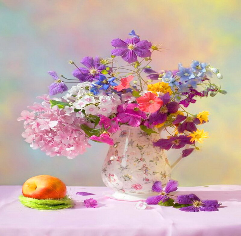 Flower Bouquet in Vase — Pink, Calm, Photograph, Apple