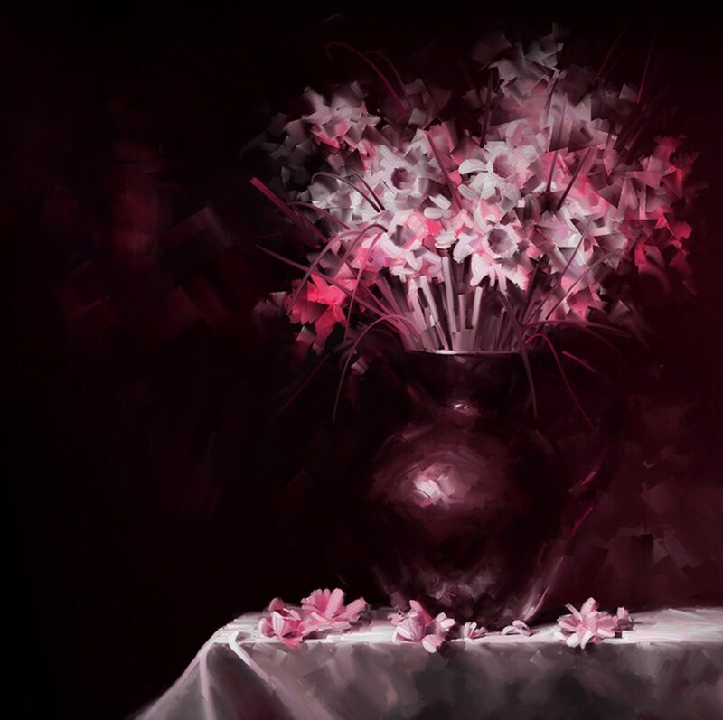 Flower Bouquet in Vase — Pink, Dramatic, Night