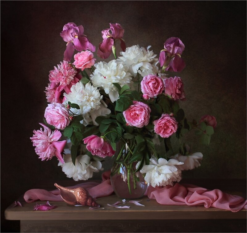 Flower Bouquet in Vase — Pink, Dramatic, Photograph, Seashell