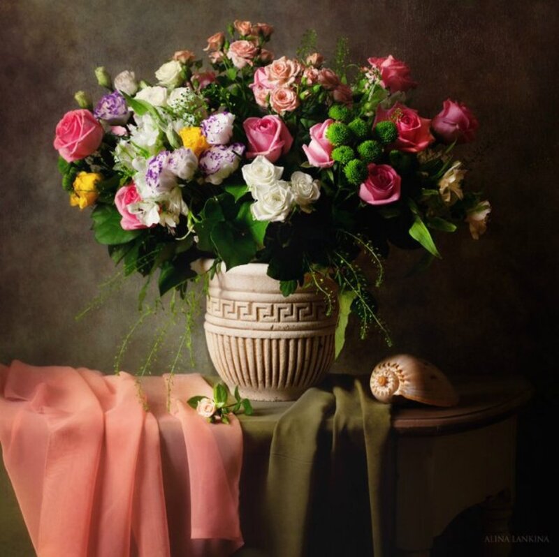 Flower Bouquet in Vase — Pink, Dramatic, Photograph, Shell