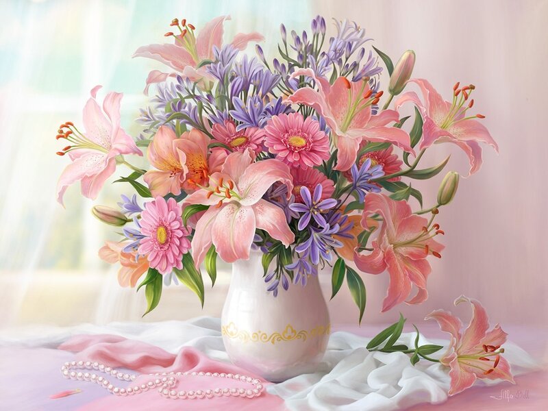Flower Bouquet in Vase — Pink, Serene, Afternoon, Digital Art
