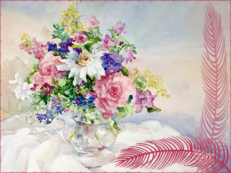 Flower Bouquet in Vase — Pink, Serene, Painting, Feather