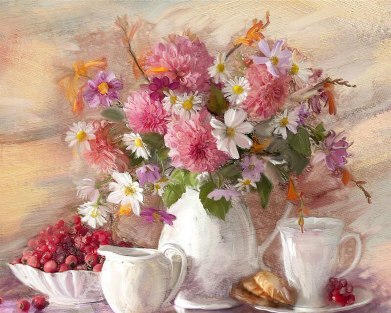Flower Bouquet in Vase — Pink, Serene, Painting, Grapes