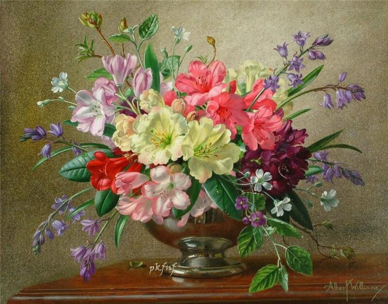 Flower Bouquet in Vase — Pink, Serene, Painting, Table, Leaves