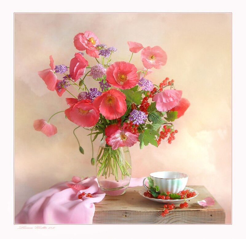 Flower Bouquet in Vase — Pink, Serene, Painting, Tea Cup