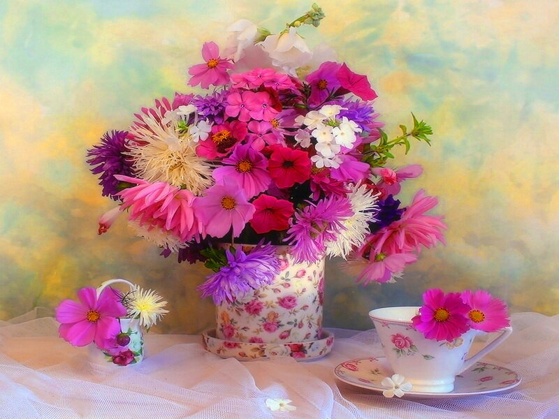 Flower Bouquet in Vase — Pink, Serene, Photograph, Teacup