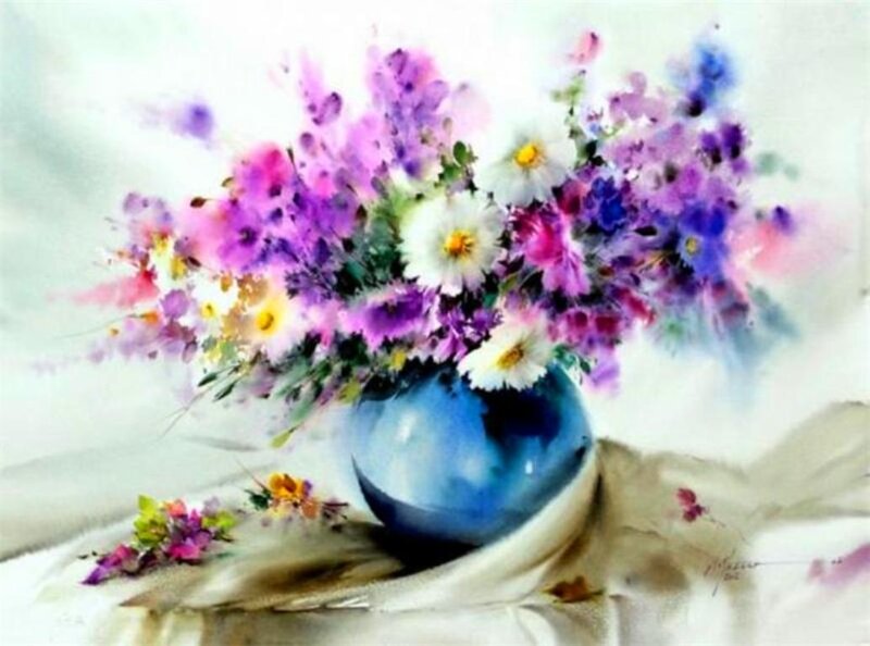 Flower Bouquet in Vase — Purple, Calm, Painting, Tablecloth