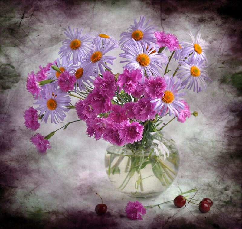 Flower Bouquet in Vase — Purple, Calm, Photograph, Cherries