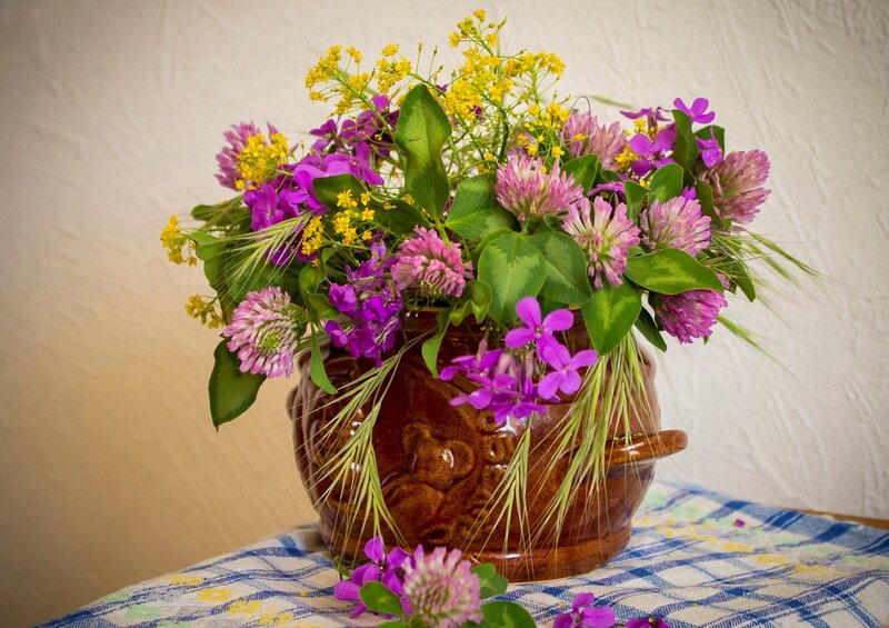 Flower Bouquet in Vase — Purple, Calm, Spring, Photograph, Tablecloth