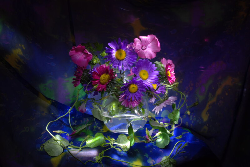 Flower Bouquet in Vase — Purple, Dramatic, Night