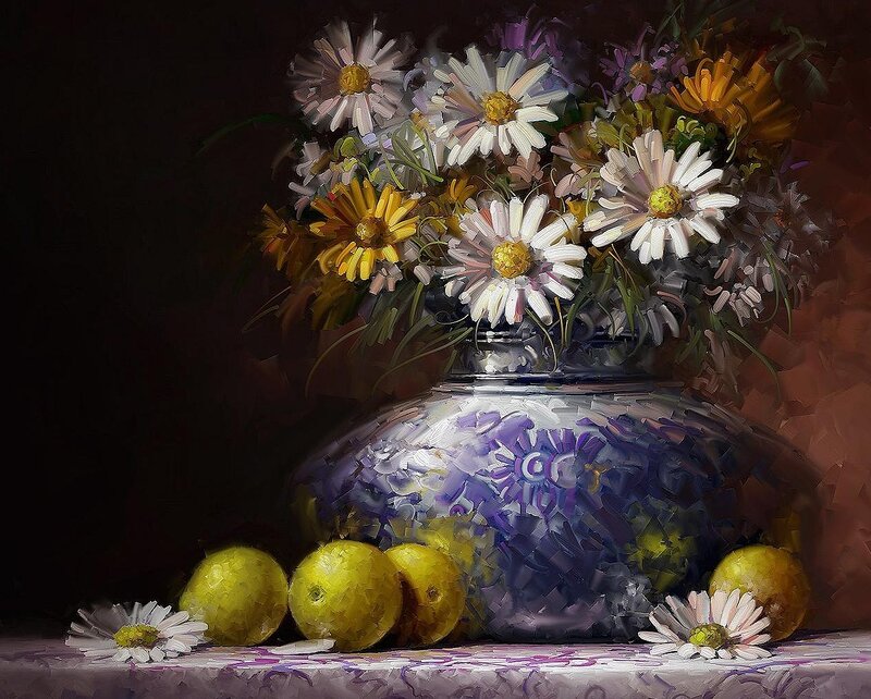 Flower Bouquet in Vase — Purple, Dramatic, Painting, Lemons