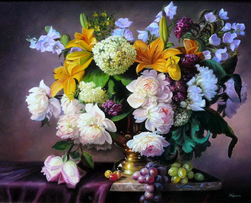 Flower Bouquet in Vase — Purple, Dramatic, Painting