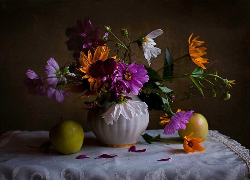 Flower Bouquet in Vase — Purple, Dramatic, Photograph
