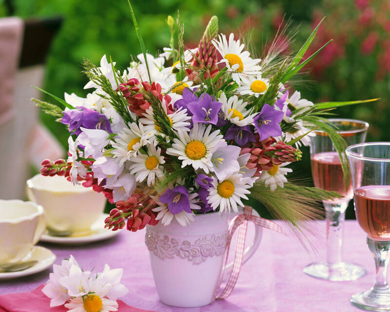 Flower Bouquet in Vase — Purple, Serene, Afternoon, Photograph, Table Setting