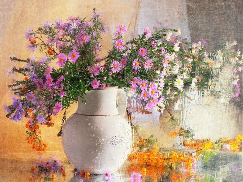 Flower Bouquet in Vase — Purple, Serene, Painting, Flowers