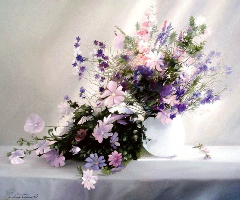 Flower Bouquet in Vase — Purple, Serene, Painting, Table, Light