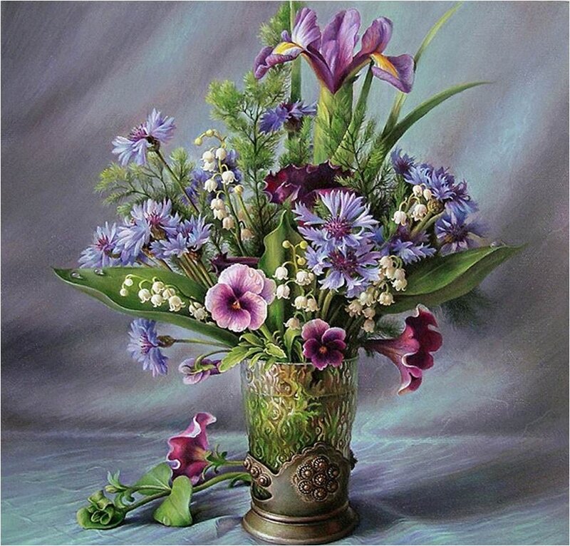 Flower Bouquet in Vase — Purple, Serene, Painting